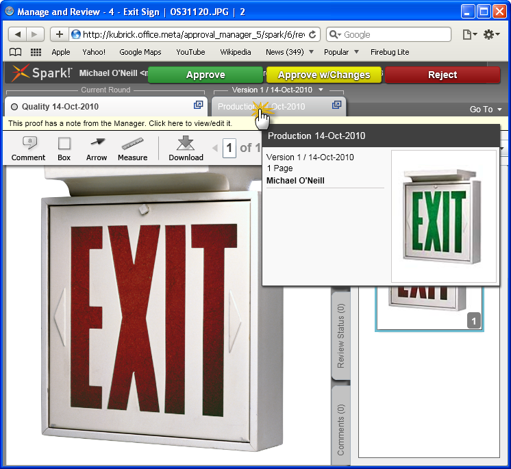 Rest the mouse pointer over a previous version tab to see a thumbnail. Click the tab to open the previous version.