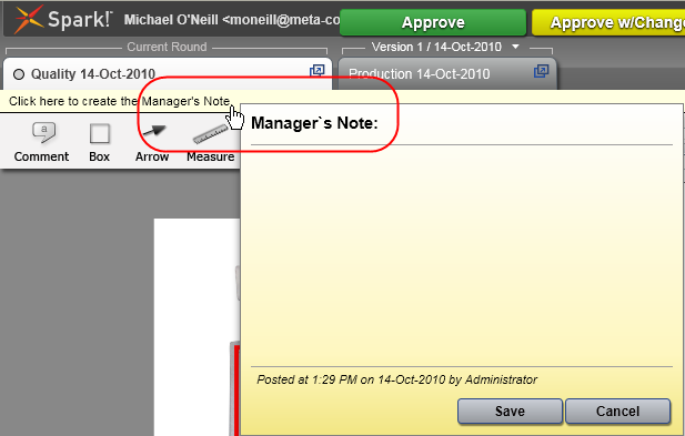 The yellow Add Manager's Note bar appears above the Spark